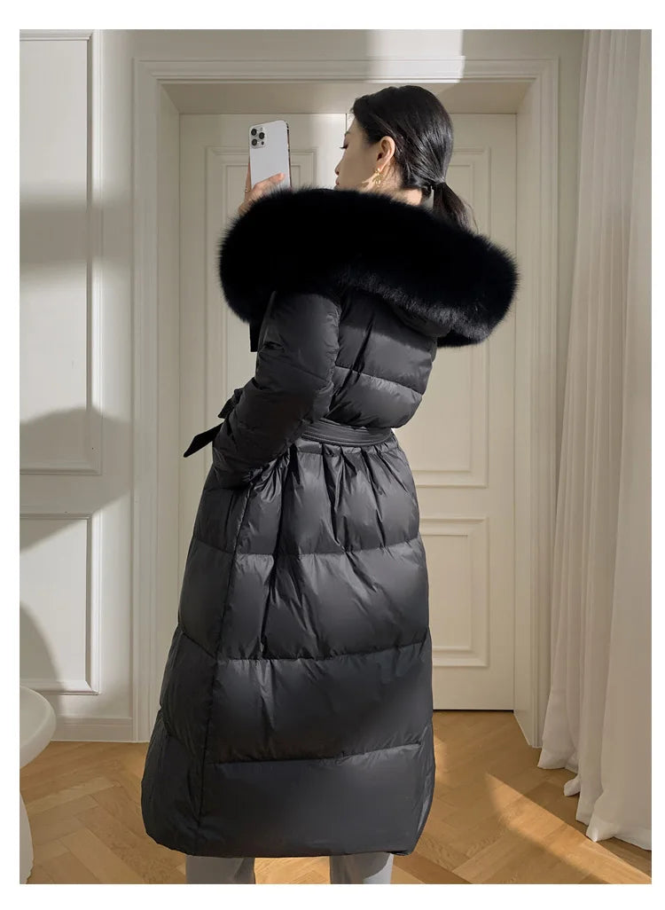 Women’s Luxury White Goose Down Coat – Hooded Long Jacket with Fox Fur Collar & Belt