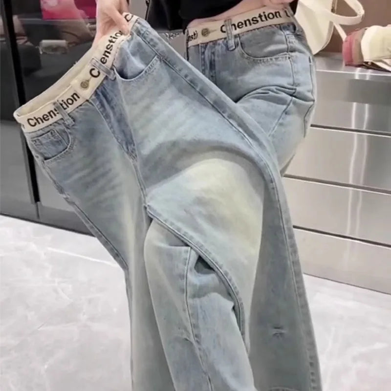 Slim Straight Jeans Women's New 2025 Summer Slimming Floor-Length Pants plus Size Versatile Embroidered Meat Concealing Wide ...