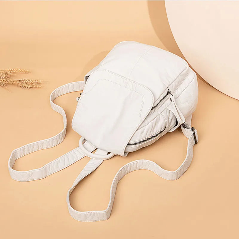 Motaora Women's Backpack White Washed Leather Backpack Female Small School Bags For Teenage Girls All-match Casual Travel Bag
