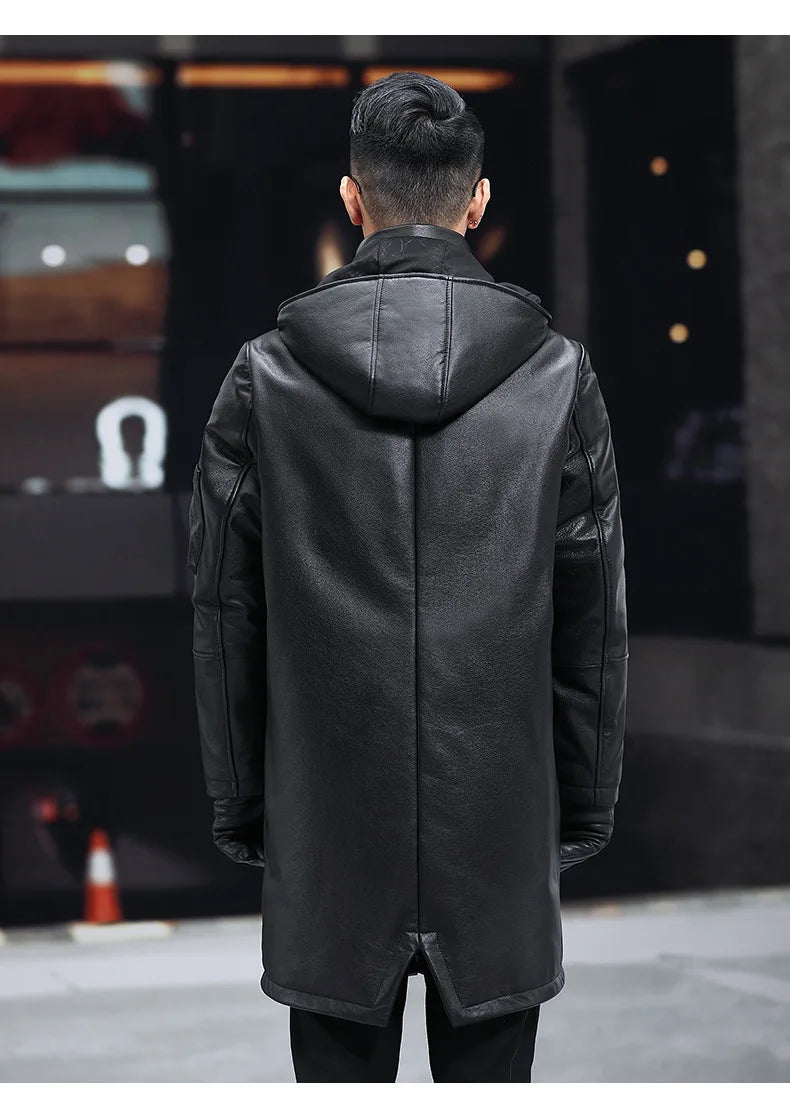 Men's Leather Down Coat, Mid Length, Hooded, Thick Warm Jacket, Large Size Outerwear, Business Male Coat, Winter