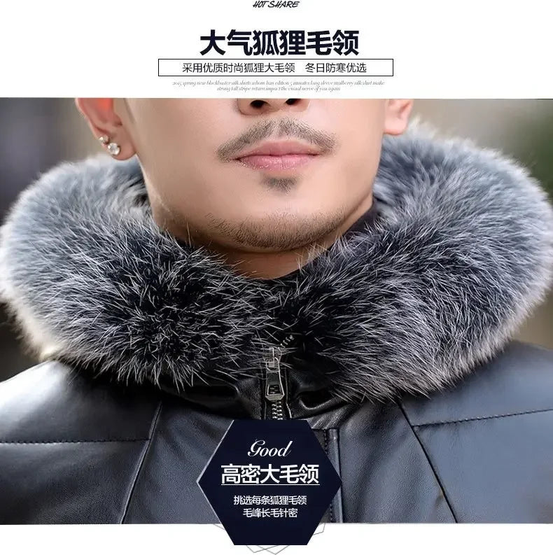 Down Jacket Genuine Leather Jacket Men's Mid Length Slim Fit Hooded Sheepskin Coat Man Puffer Jacket Winter Thicken Windbreaker