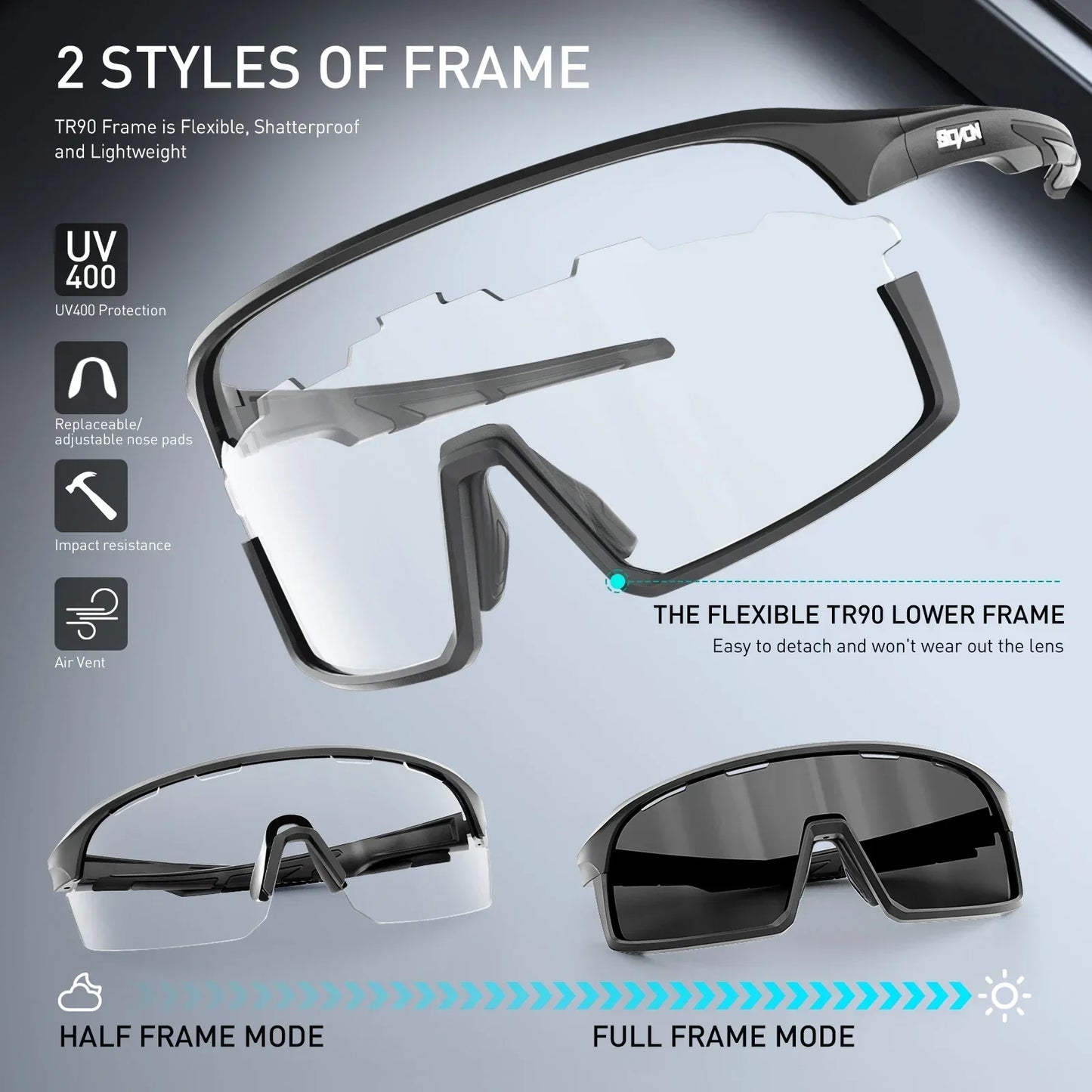 SCVCN Photochromic Cycling Sunglasses for Man Blue Outdoor Sports Bike Glasses MTB Fishing Glasses Bicycle Goggles UV400 2lens