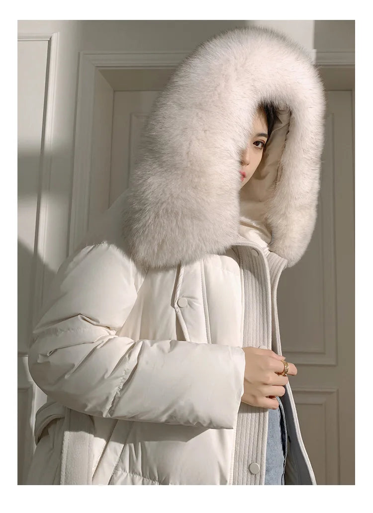 Women’s Luxury White Goose Down Coat – Hooded Long Jacket with Fox Fur Collar & Belt