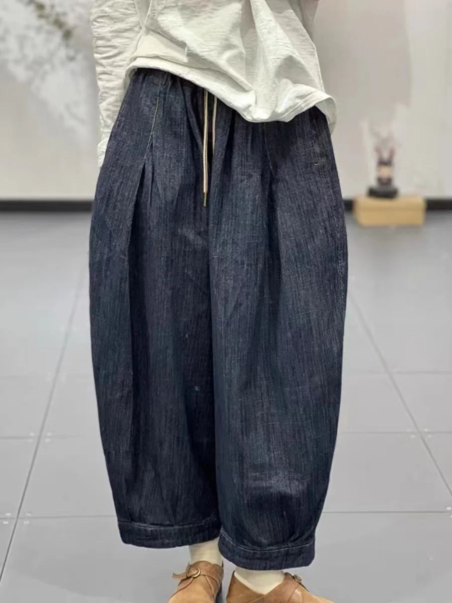 Faionable Retro Artistic Women's Jeans Harlan Pants High Waist Long Trousers All-Match Dstring Elastic Waist Tailored