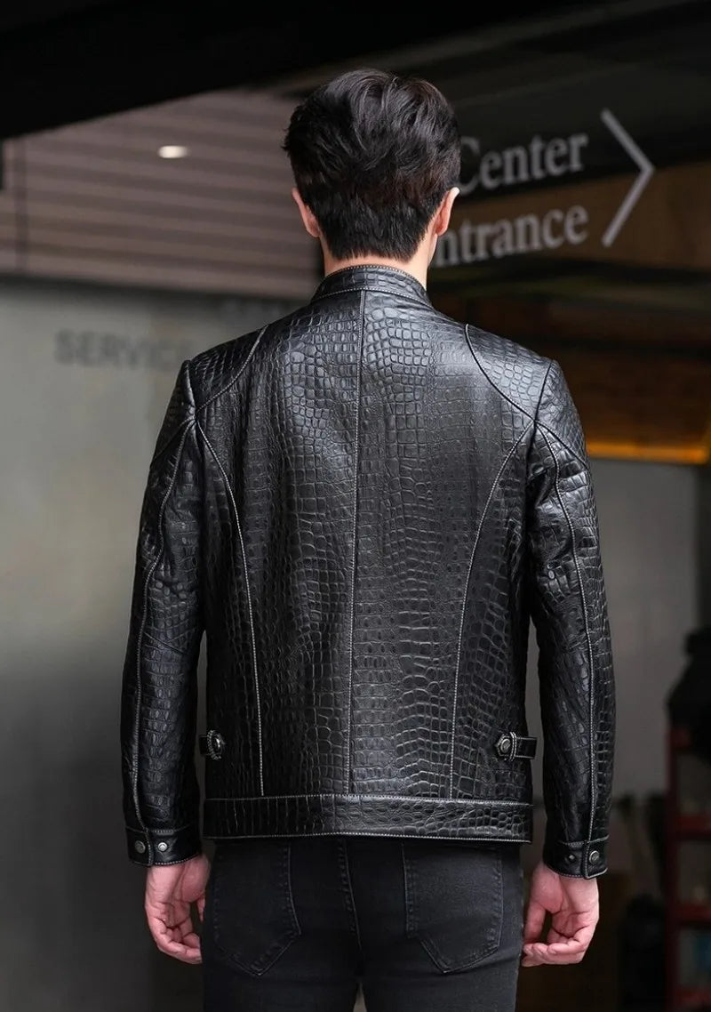 Males Luxury Natural Sheepskin Crocodile Pattern Jacket Stand Collar Slim Fit Straight Autumn Genuine Leather Motorcycle Jackets