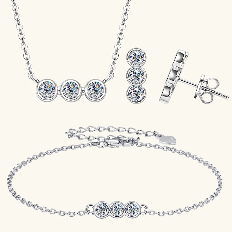 IOGOU 3mm Moissanite Jewelry Sets Real 925 Silver for Women 3 Stones Pendant Necklace Stud Earrings Set Valentine's Day Gifts