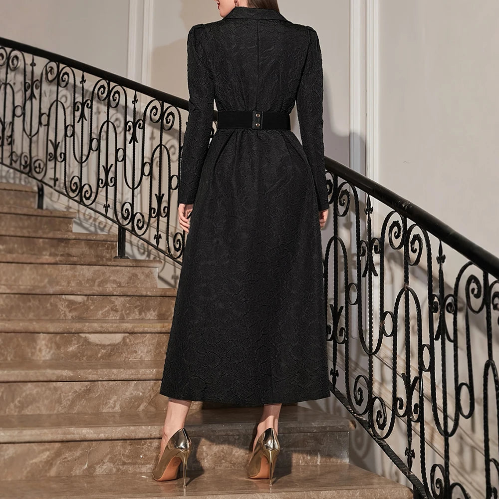 Rafiah Women's Dresses Autumn Elegant 2025 Plain Texture Cool Long Sleeve Shirt Collar A-Line Midi Vacation Long Dress