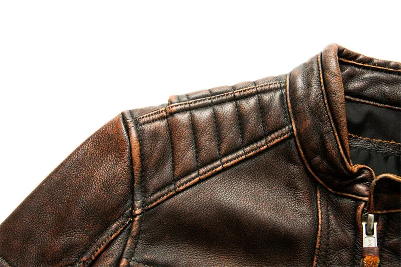Men's Natural Leather Jacket First Layer Calfskin Stand Collar Motorcycle Jacket Retro Brown Cowhide Jacket Men‘s Biker Clothes