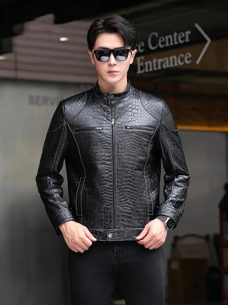 Males Luxury Natural Sheepskin Crocodile Pattern Jacket Stand Collar Slim Fit Straight Autumn Genuine Leather Motorcycle Jackets