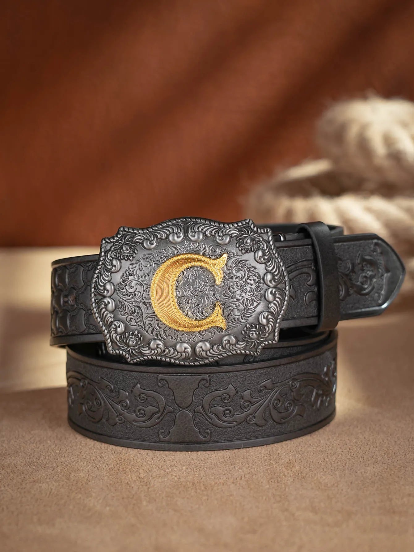 Western Cowboy PU Leather Belt - Men Waist Strap Bull Decoration Floral Engraved for Jeans