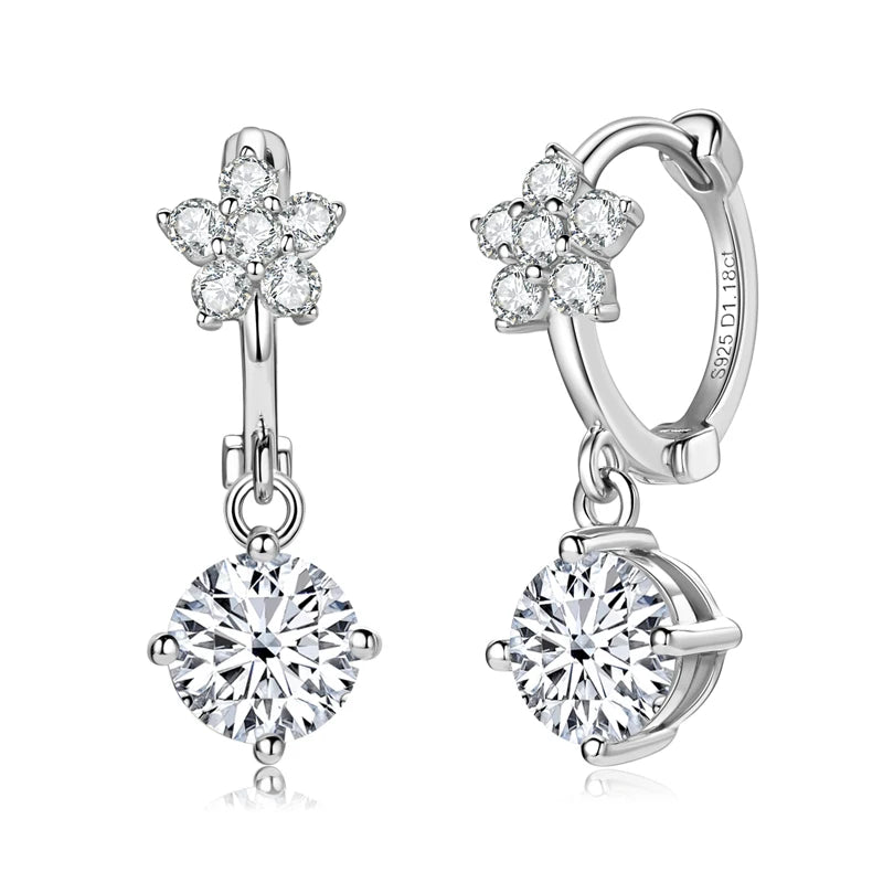 Lnngy Moissanite Flower Earrings For Women 925 Sterling Silver Round Cut Moissanita Dangle Earring Wedding Party Jewelry Gift