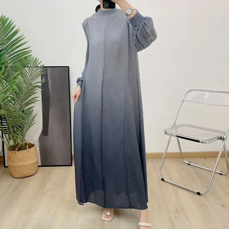 KAF Pleated Women Casual Dress 2025 Spring Autumn New Round Neck Long Sleeve Gradient Color Loose Large Size Design Dresses