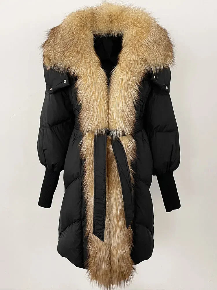 2025 Autumn Winter Women Coat Real Natural Fox Fur Long Down Jacket Thick Warm Casual Hooded White Duck Down Elegant Overwears
