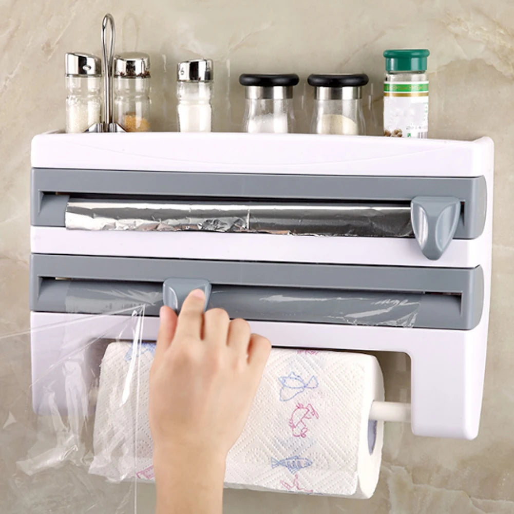 ABS Material Wall Mounted Kitchen Cling Film Dispenser with Cutter, Cling Film Aluminum Foil Roll Holder Paper Towel Holder Grey