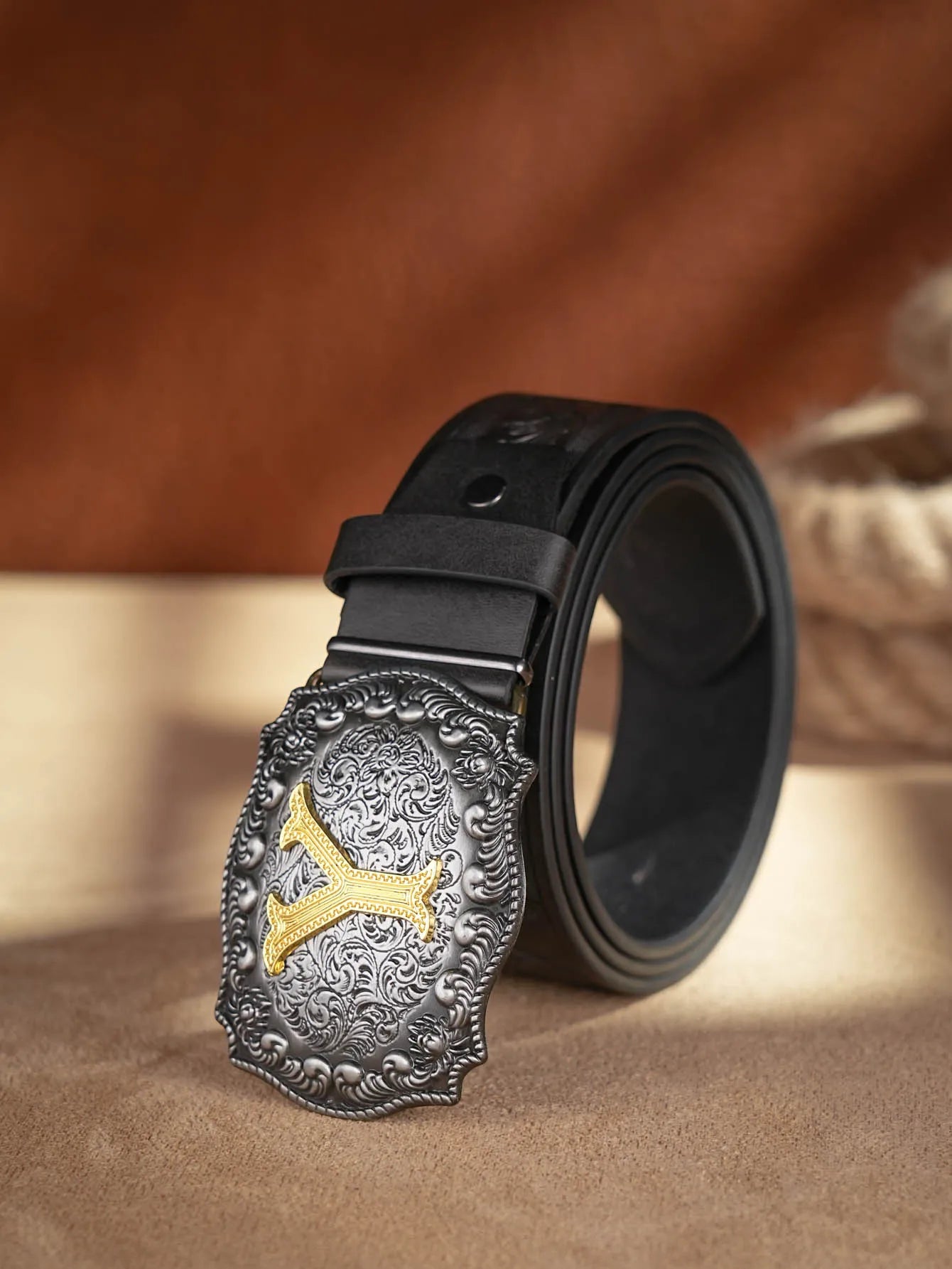 Western Cowboy PU Leather Belt - Men Waist Strap Bull Decoration Floral Engraved for Jeans