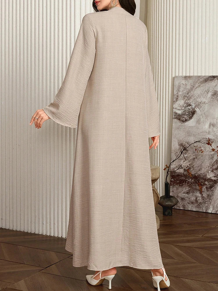 Rafiah Ramadan Floral Embroidered Loose Casual Modest Maxi Abaya Scalloped Neckline Long Sleeves Arabic Dress Parties Wedding