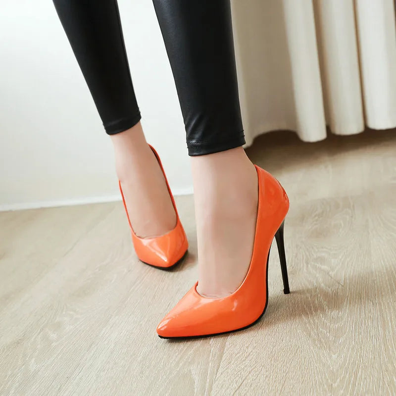 Women’s Pumps Classic Sexy Thin High Heels 12cm Patent Leather Stiletto Pointed Toe Party Elegant Office Shoes Big Size 34-48