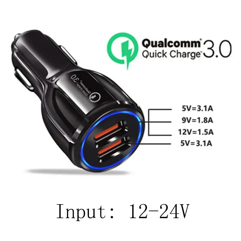 شاحن سيارة عالي الجودة 3.1 أمبير بمنفذين USB 12-24 فولت، مقبس ولاعة سجائر QC3.0، محول شحن سريع للهواتف iPhone وSamsung