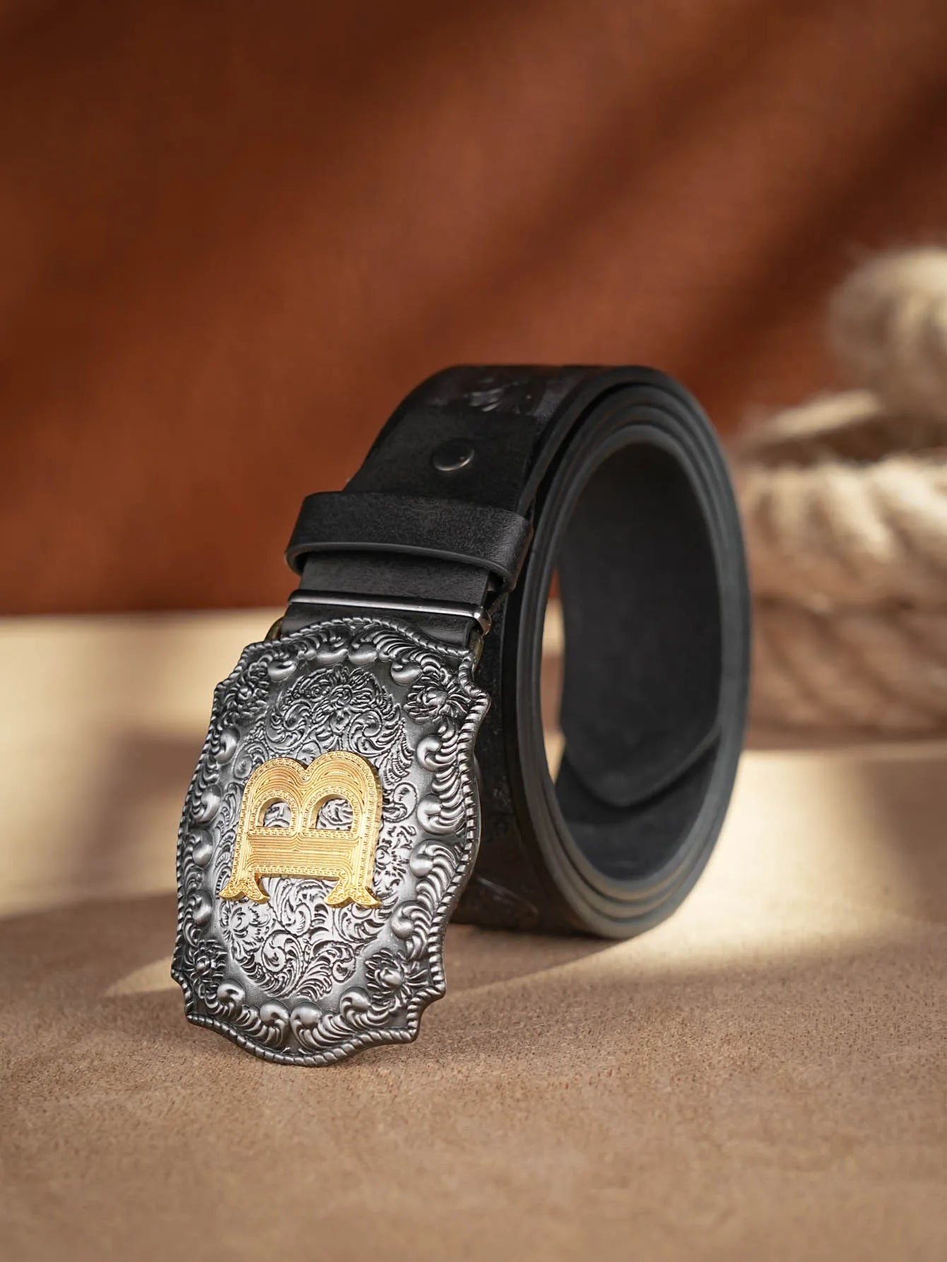 Western Cowboy PU Leather Belt - Men Waist Strap Bull Decoration Floral Engraved for Jeans