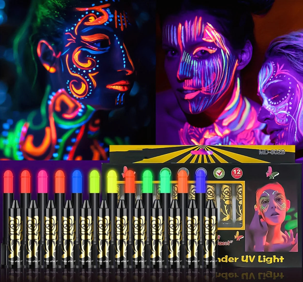 Halloween Glow in The Black Light Face Paint 6/12pcs UV Neon Glow Fluorescent Body Paint Crayons for Club Makeup Xmas Glow Party