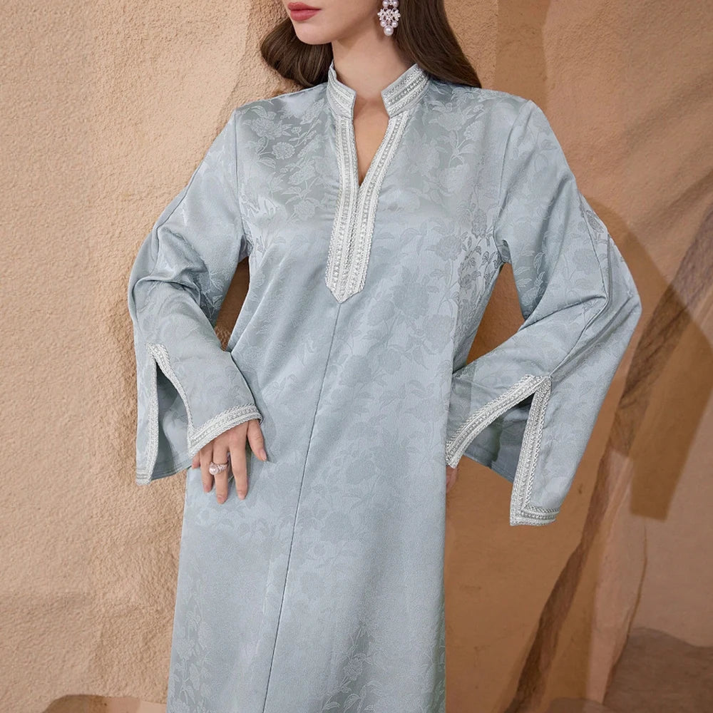 Rafiah Summer Dresses 2025 Women's Plain Long Sleeve Half Open Collar A-Line Draped Basics Midi Arabian Dress