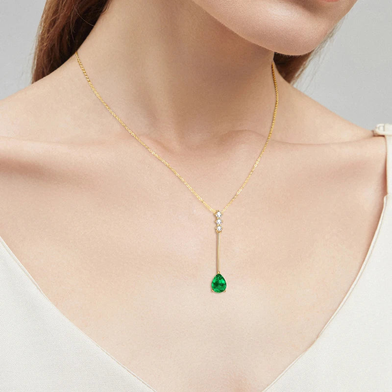 Lnngy 925 Sterling Silver Pear Cut Artificial Emerald Pendant Necklace Colorful Birthday Stone Necklaces Jewelry for Friends