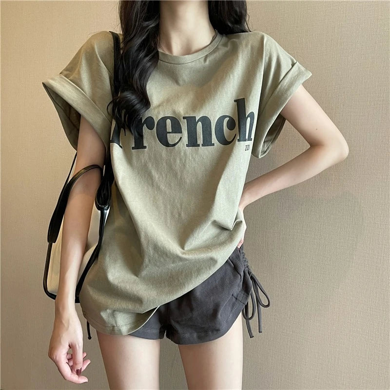 Loose ort Sve T-irt Women's Summer Thin Design Sense Hong Kong Sle Chic Retro Top Trendy round Ne Polyester ...
