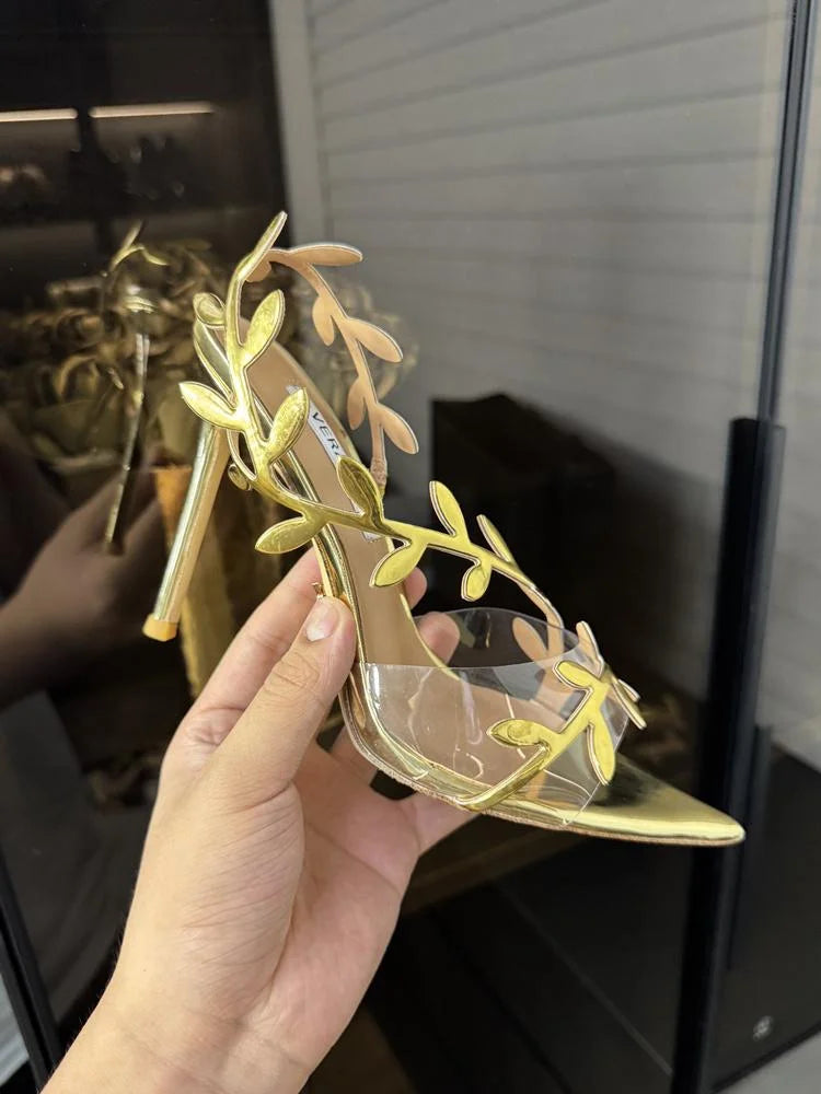 Gold High Heels Women 2025 Summer New Metal Patent Leather Leaf Thin Heel Pointed Open Toe Purple Sandals