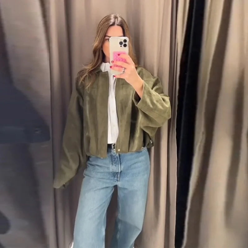 Street Women's Suede Bomber Jacket Fashion Lapel Zipper Full Sleeve Female Coats 2025 Spring Lady Casual Commute Vintage Outwear