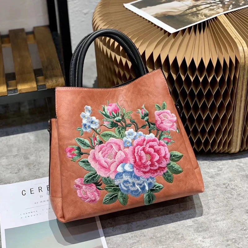 MOTAORA 2025 New Chinese Style Embroidered Women's Handbag Luxury PU Leather Shoulder Bag Embossed Crossbody Purse for Ladies