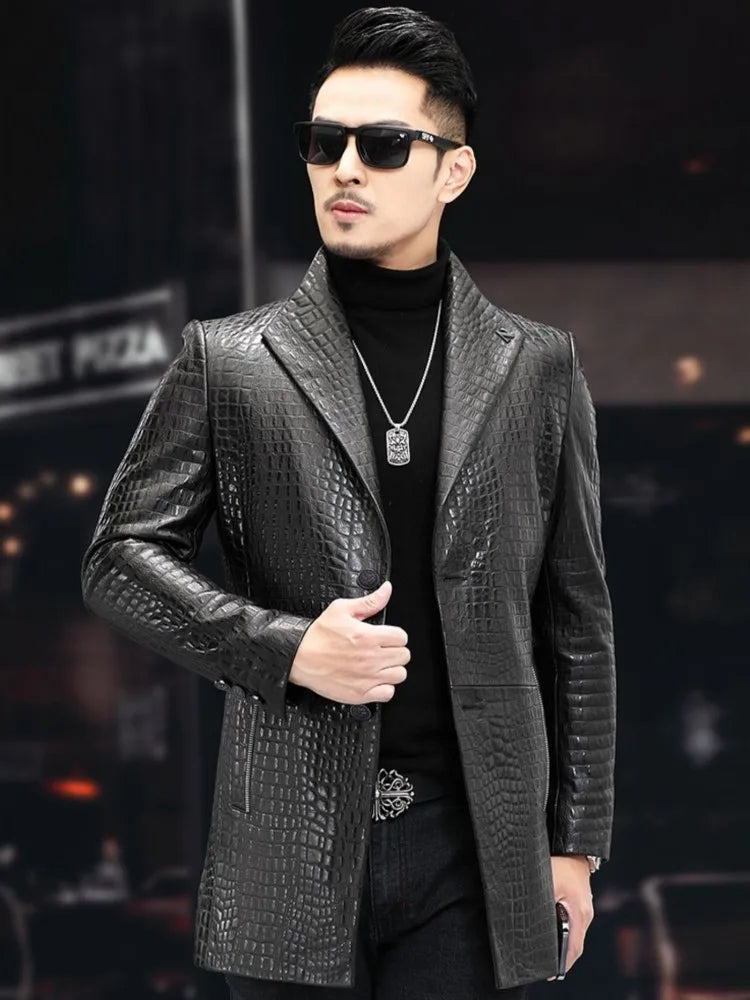 High Quality Luxury Genuine Leather Blazers Men Spring Slim Office Man Embossing Real Sheepskin Coat Suit Jacket Size Runs Small