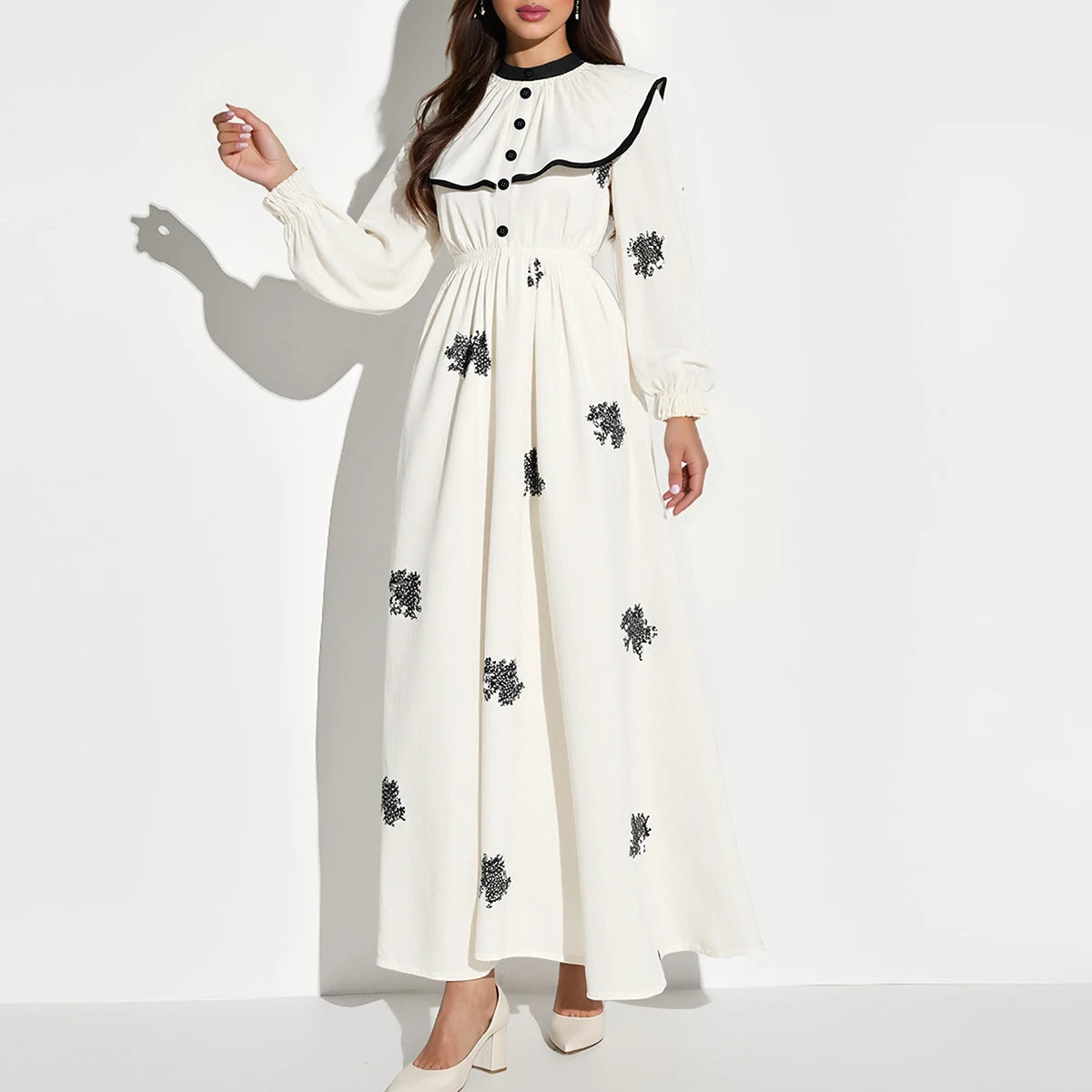 Rafiah Autumn Arabian Dress 2025 Women's Decent Full Print Folds Long Sleeve Round-Neck Layered Daily Basic Midi Dress