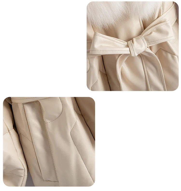 New Women Winter Leather Down Coat Fashion Real Fox Fur Collar Slim Waist Long Leather Coat Casual Thick Warm Overcoat