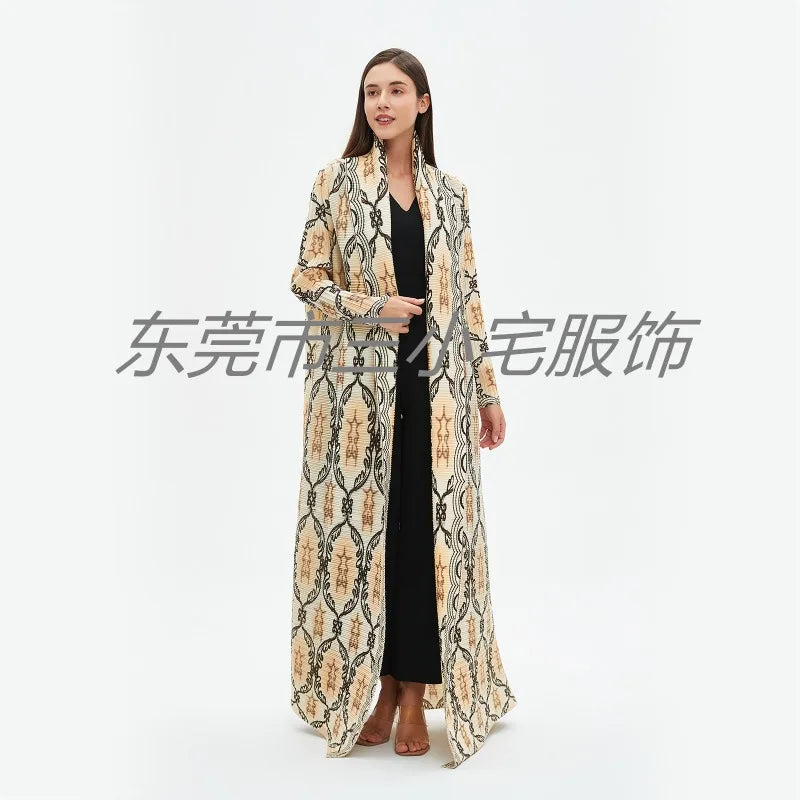 KAF Pleated Women Loose Plus Size Trench Coat 2024 Autumn New Vintage Printed Cardigan Design Arab Female Luxury Abaya