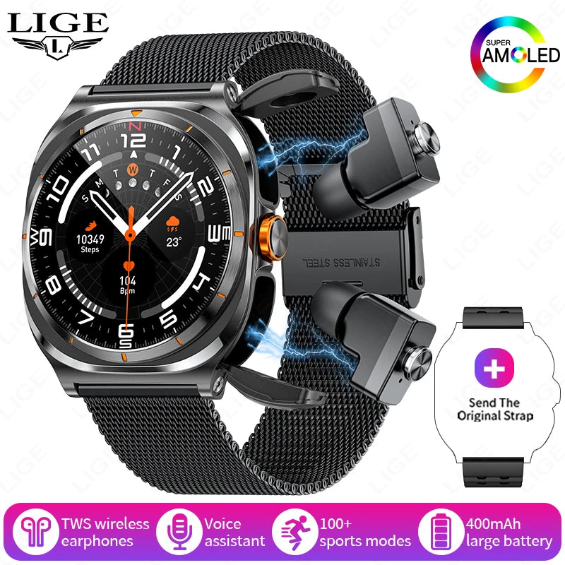 LIGE New Smart Watch With 2 in 1 TWS Wireless Headset Bluetooth Call 1.53" AMOLED Screen 400mAh IP67 Waterproof Sport Smartwatch