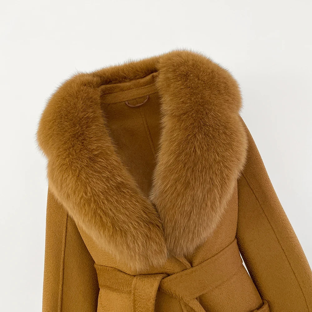 GENHUA 2025 New Casual Fur Coat for Ladies Winter Wool Long Fur Ladies Natural Real Fox Fur Collar Jacket for Ladies Warm Coat