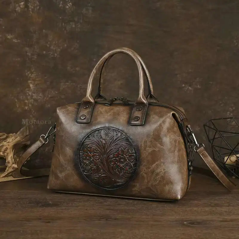 MOTAORA Vintage Leather Crossbody Bag Women's Embossed Handmade Tote Shoulder Bag Large Capacity Anti-Theft Purse