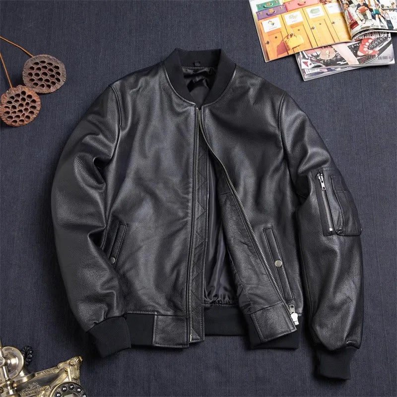 Men's Classic MA-1 Bomber Leather Jacket – Slim Fit Cowhide Air Force Style