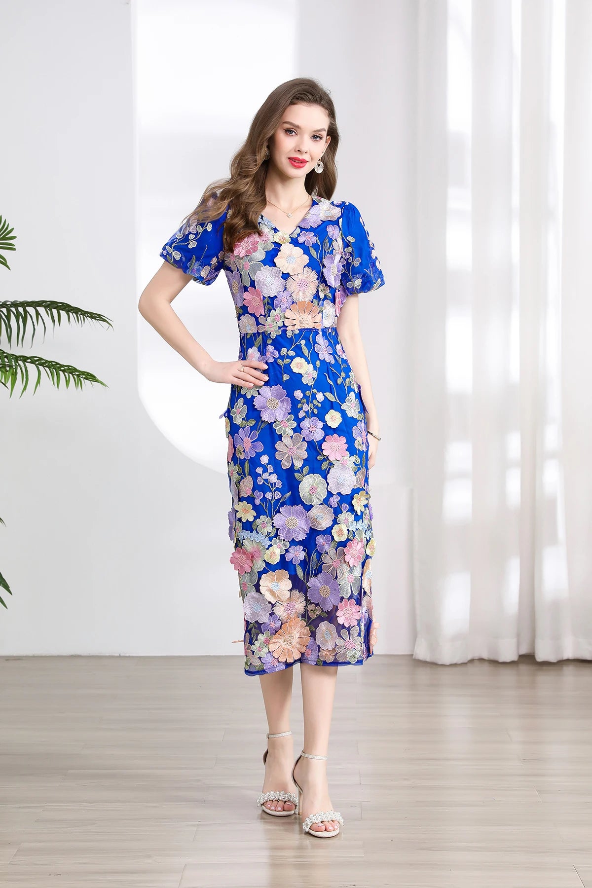 Summer High-end Embroidery Lace Prom Dress Women French Luxury 3D Flower Short Sleeve Long Dress Party Bodycon Holiday Vestido