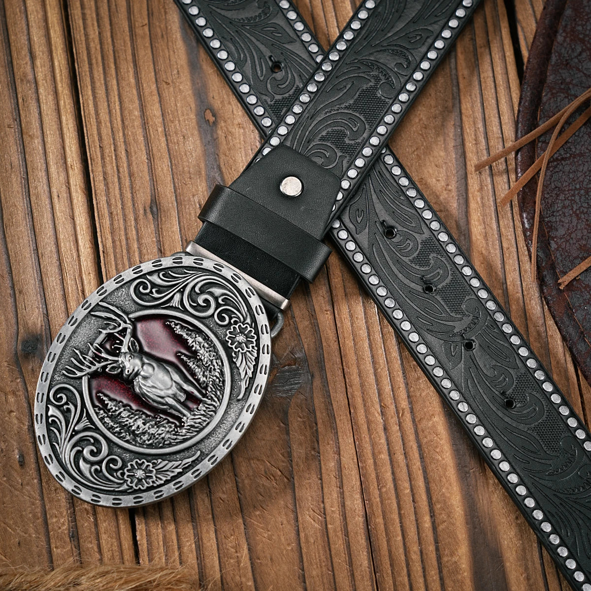 Men - Women - Western Denim - pu leather - Belt - Vintage jeans with floral carved buckle belt