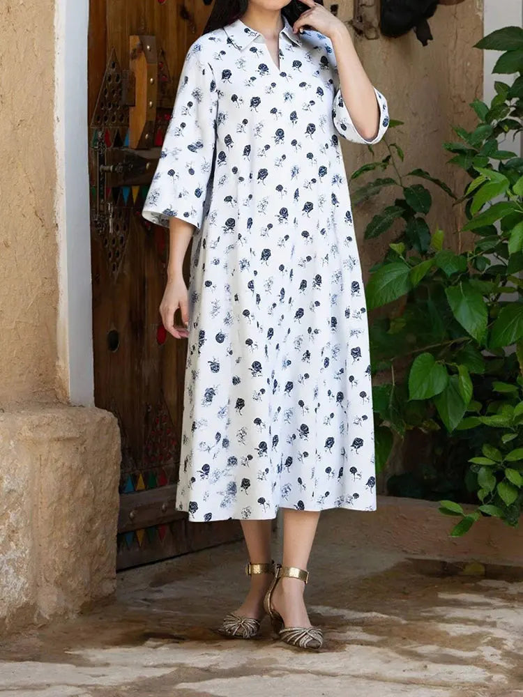 Rafiah Women's Arabian Dress Even Dress 2025 Summer Elegant Fashion Floral Long Sleeve V-Neck Loose Fit Long Dress