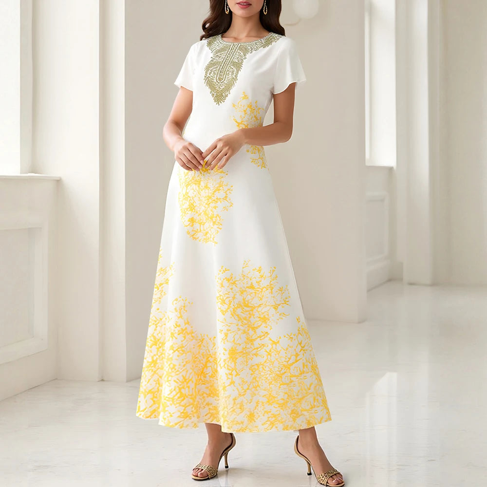 Rafiah Summer Long Arabian Dress 2025 Casual Daily Graphic Printing Short Sleeve Round Neck A-Line Shift Dresses
