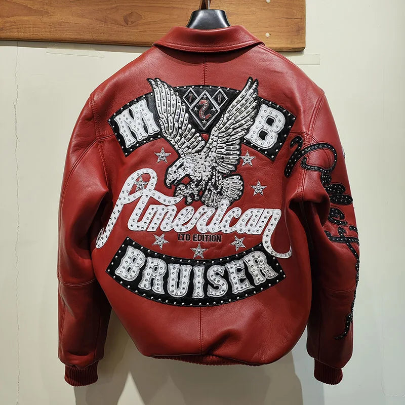 US size men's Hip Hop Sheep skin Varsity Jacket Embroidered Diamond Classic Casual Sport genuine leather Coat tops