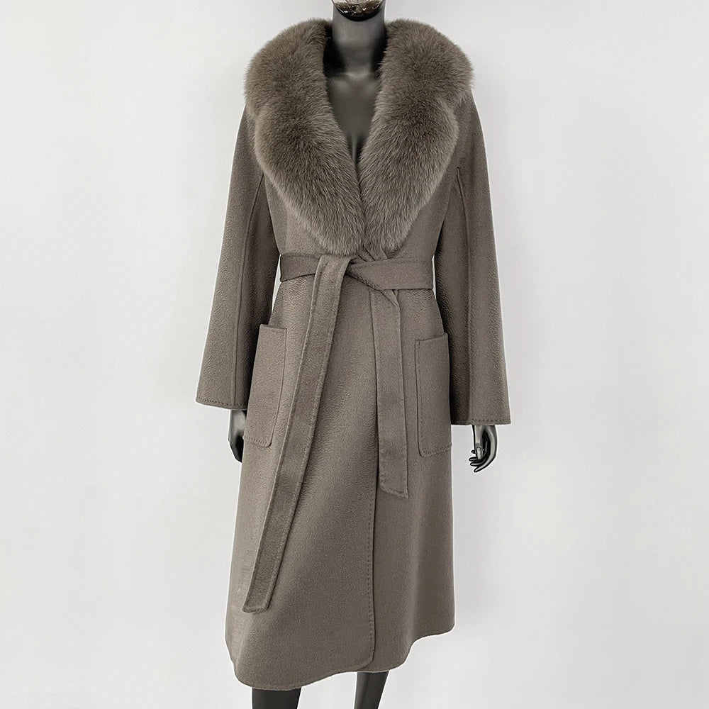 GENHUA 2025 New Casual Fur Coat for Ladies Winter Wool Long Fur Ladies Natural Real Fox Fur Collar Jacket for Ladies Warm Coat