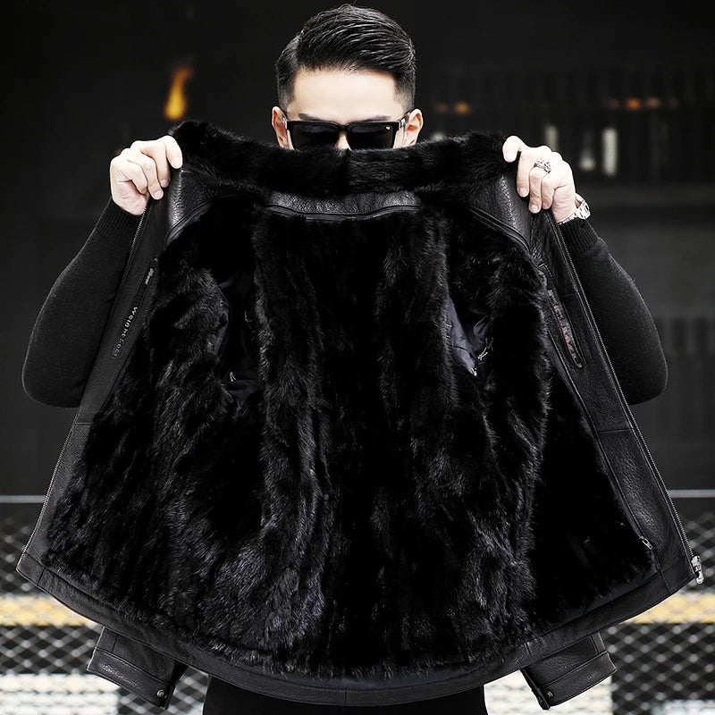 AYUNSUE 100% Real Goatskin Men Leather Jacket Stand Collar Detachable Down Liner and Mink Fur Liner Jackets Winter Mens Fur Coat
