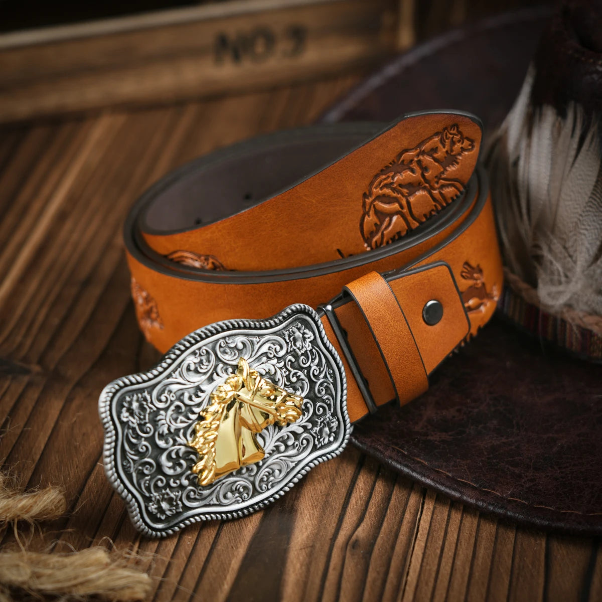 Western Cowboy Leather Buckle Belts Horse Pattern Floral Engraved Buckle Belt for Men