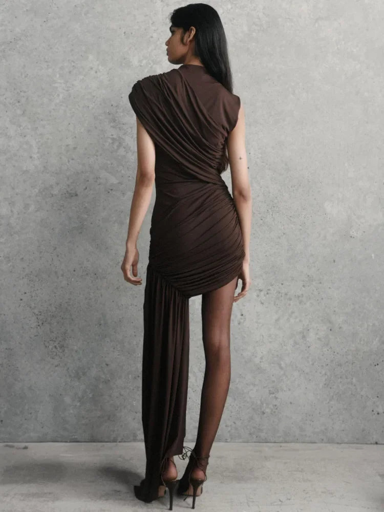 Women's Sleeveless Irregular Draped Ruched Bodycon Party Dress – Elegant Slim Fit, Floor-Length