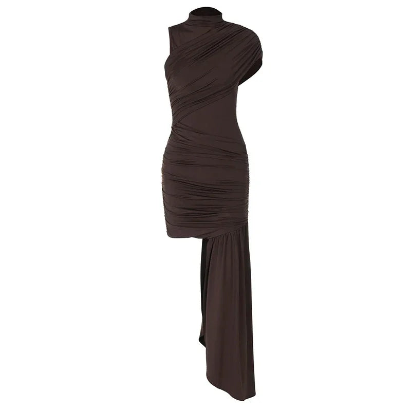 Women's Sleeveless Irregular Draped Ruched Bodycon Party Dress – Elegant Slim Fit, Floor-Length