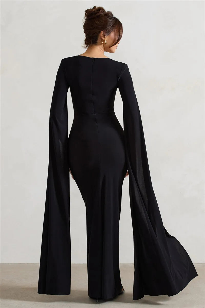 Mozision Long Cape Sleeve Split Maxi Dress For Women Gown Fashion Solid Square Collar Evening Sexy Long Dress Elegant New
