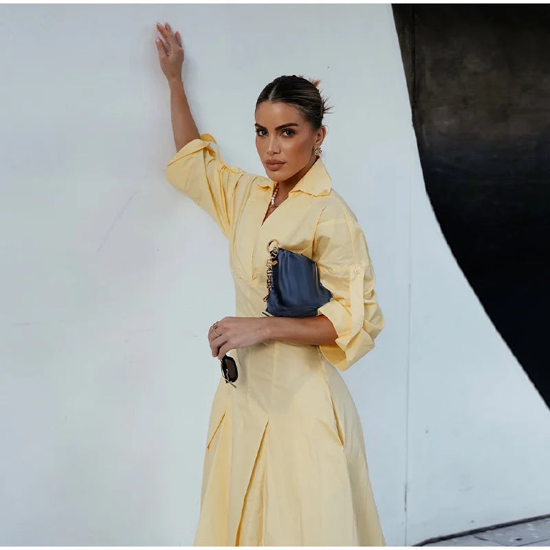 Elegant Lapel Waist-Cinched Pleated Shirt Dress – Women’s Half Sleeve Floor-Length Summer Style